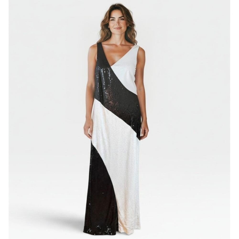 Lauren Ralph Lauren NWT Sequin Maxi Dress 14 Black White Colorblock Evening Gown